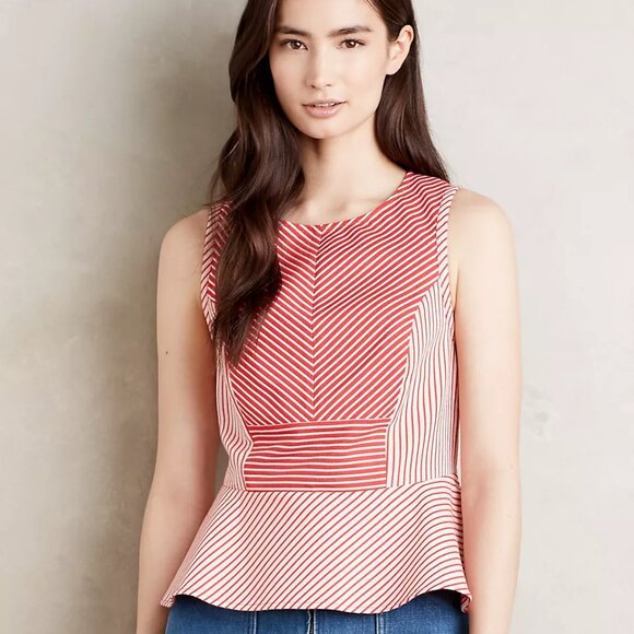 Anthropologie Maeve Cantua Peplum Top | Size 4 | NWT Red & White Striped Blouse - Picture 1 of 10
